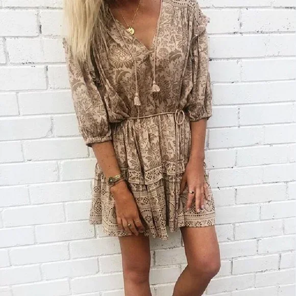 New Boho Print Tunic Cotton Summer Dress Tan - Picture 14 of 15